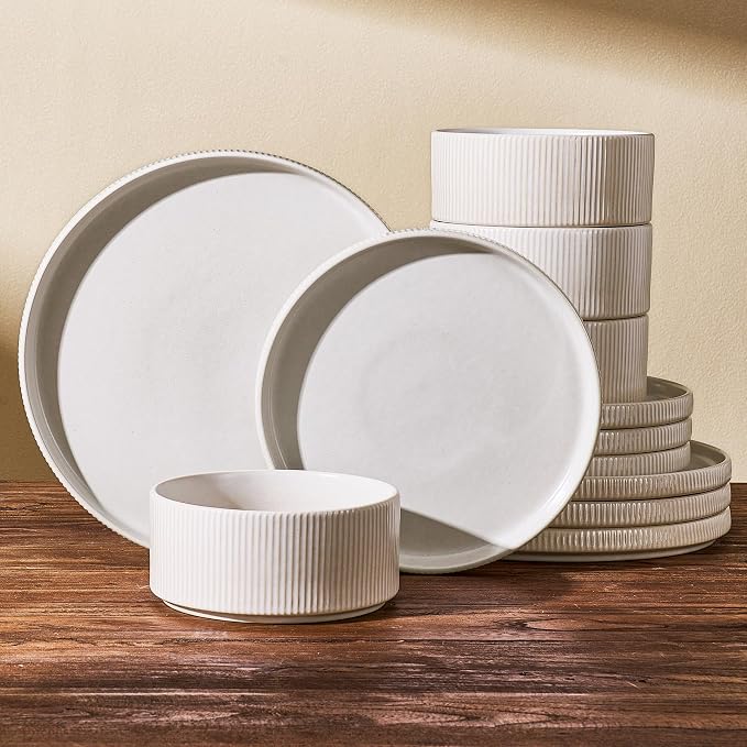 Stoneware Dinnerware Set for 4, Matte White Reactive Glaze | 12 pcs Ceramic Plates and Bowls, Handmade Ribbed Dishes, Everyday Use, Microwave & Dishwasher Safe, Chip & Scratch Resistant