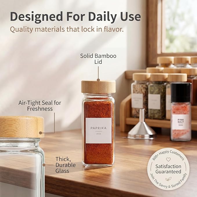 SAVVY & SORTED Glass Spice Jars with Label, 24PK Bamboo Jar Spices Set 4oz, 374 Spice Labels, Pepper Grinder, Empty Herb Seasoning Containers, Funnel and Shaker Lids