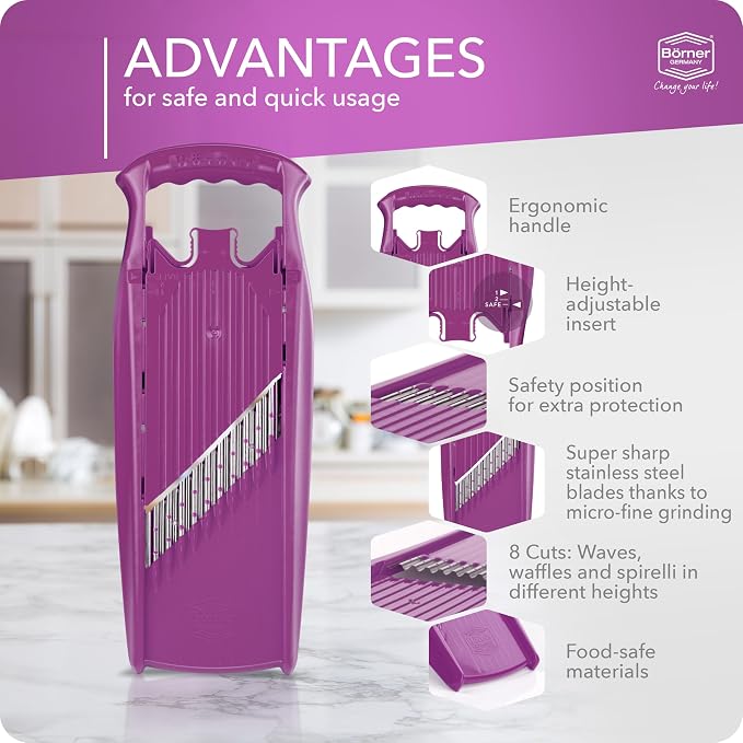 Börner by Reston Lloyd Wave-Waffle Power Line • Crinkle Cut/Spirelli Vegetable Slicer • Slicer for Wave Waffle Cut Style • Multiple Thickness Options • Made in Germany, Purple