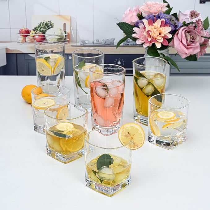 Le'raze Collins Everyday Drinking Glasses Set of 16 Drinkware Kitchen Glasses for Cocktail, Iced Coffee, Beer, Ice Tea, Wine, Whiskey, Water, 8 Tall Highball Glass Cups & 8 Short Old Fashioned.