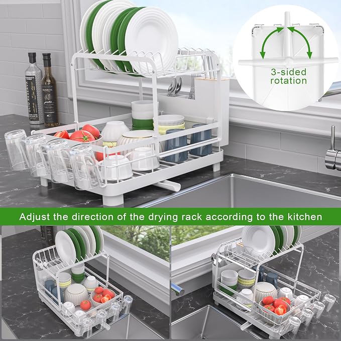 Runnatal 2-Tier Dish Drying Rack with Drainboard for Kitchen Counter | Large Dish Rack Anti-Rust Dish Drainers with Utensil Holder, Extra Cup Holder, White