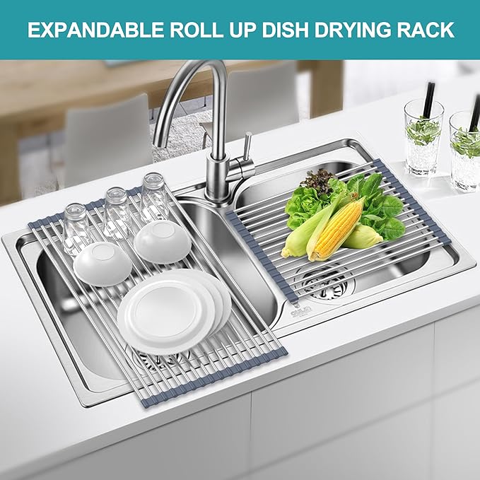 BBXTYLY Extra Large Expandable Roll Up Dish Drying Rack,Over The Sink Drying Rack Sink Cover Kitchen Sink Accessories Kitchen Rolling up Stainless Steel Drainer, Foldable,Rollable（Gray，22.8''-12.4''）