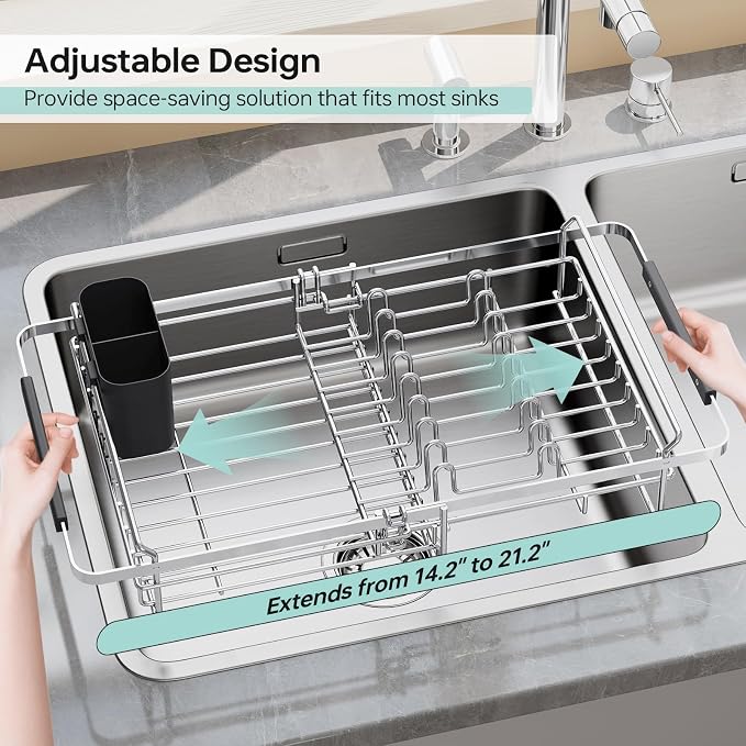 Urackify Expandable in-Sink or Over-Sink Dish Drying Rack, 14.5"-18", Black | 304 Stainless Steel, Fits Most Sinks, Rust-Resistant, Space-Saving, Removable Utensil Holder
