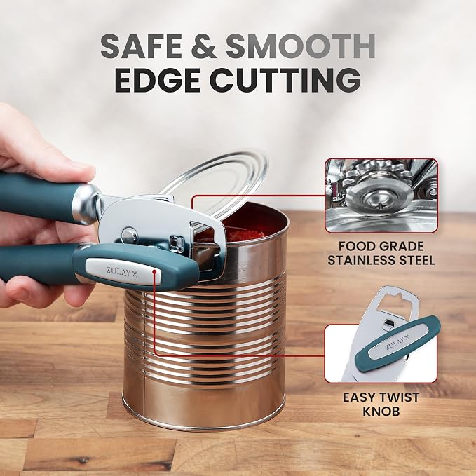 Zulay Kitchen Heavy Duty Stainless Steel Can Opener Manual with Bottle Opener - Rust Proof Manual Can Opener With Turn Knob & Comfy Soft Grip Handles - Green