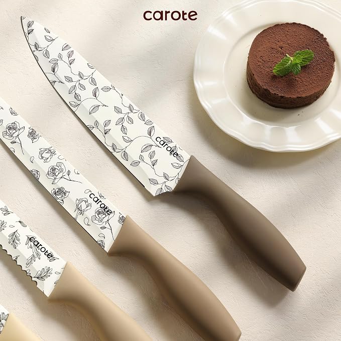 CAROTE Kitchen Knife Set, 6 Floral Knives with 6 Blade Guards, 12-Piece | Stainless Steel Blades, Ceramic Nonstick Coating, Long-Lasting Sharpness, Rust-Resistant, Non-Slip, Dishwasher Safe