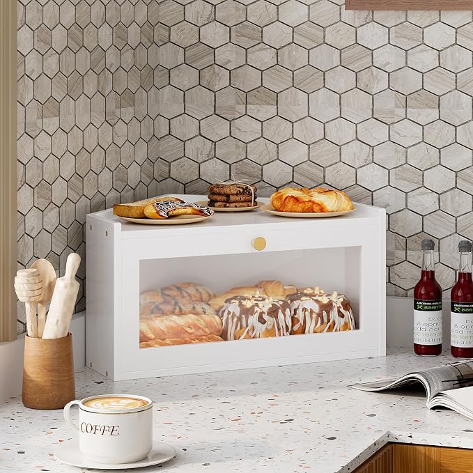 Trironsun Corner Bamboo Bread Box for Kitchen Counter Large Rustic Bread Storage Container with Acrylic Door Space-Saving Vintage Bread Keeper for Homemade Bread (White)