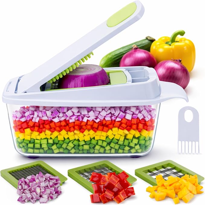 Brieftons QuickPush Manual Vegetable Chopper: 8-Cup Push-Down Onion Dicer & Food Chopper, 3 German Steel Blades, BPA-Free Container with Keep-Fresh Lid and Cleaning Comb - Manual, Dishwasher Safe