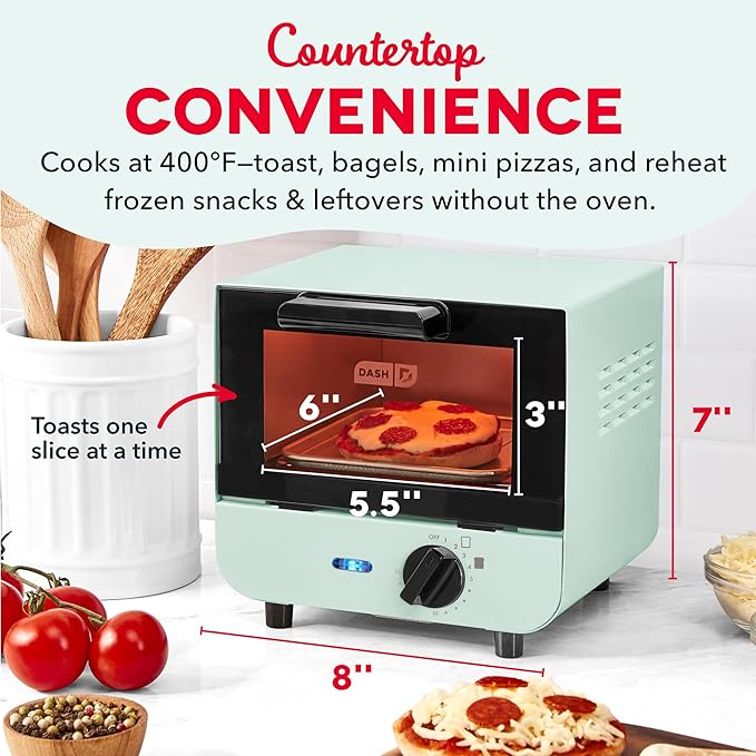 Dash Mini Toaster Oven | Small Toaster Oven for Dorms, Apartments, & Small Kitchens, Adjustable Timer Dial with Auto Shutoff, Removable Cooking Tray & Crumb Catch, Aqua