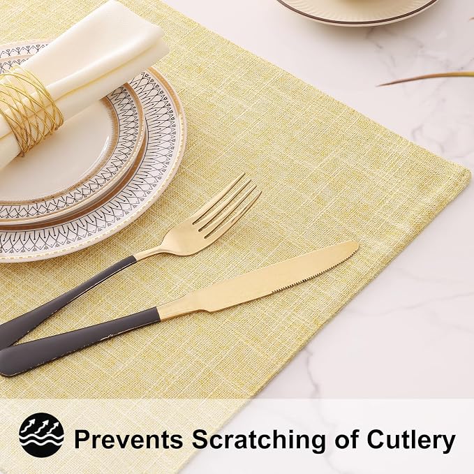 Faux Cotton Linen Placemats Set of 8, Cloth Washable Farmhouse Dining Table Mats for Indoors & Outdoors, Easy to Clean, Lemon Yellow, 13 x 19 Inch