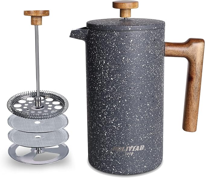 POLIVIAR French Press Coffee Maker, 34 Ounce Coffee Press with Real Wood Handle, Double Wall Insulation & Dual-Filter Screen, Food Grade Stainless Steel for Good Coffee and Tea (Lava) | Real Wood Handle Coffee Press, Double Wall Insulation, Dual-Filter...