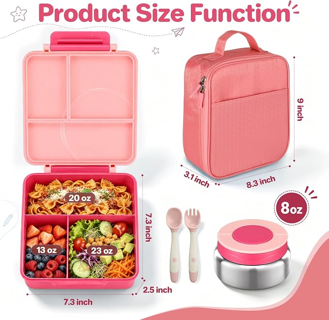 Bento Lunch Box Set for Kids with 8oz Soup Thermo, Leak-Proof Lunch Containers with 4 Compartment, Kids Thermo Hot Food Jar and Insulated Lunch Bag for Kid to School-Pink