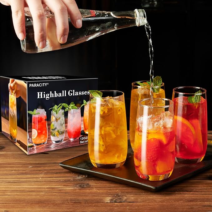 PARACITY Highball Glasses Set of 4, Drinking Glasses 12 Oz, Clear Glass Cups, Tall Tumbler Water Glasses, Glassware Set for Cocktail, Coffee, Mojitos | Clear cups for water, cocktails, coffee, and mojitos; versatile glassware for home dining, parties, ...
