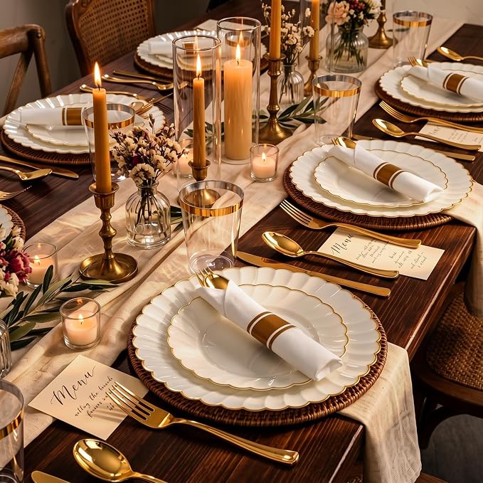 YOUBET 350PCS Ivory Scalloped Plastic Plates for Wedding Party | Ivory and Gold Disposable Dinnerware Set Include 100 Plates, 150 Gold Silverware, 50 Cups, 50 Napkins