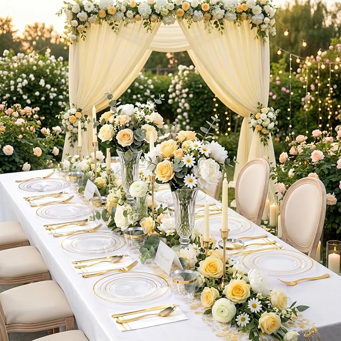 GATHER 350PCS Clear Plastic Plates with Gold Rim for Wedding and Party | Clear and Gold Disposable Dinnerware Sets include 100 Plates, 150 Silverware, 50 Napkins, 50 Cups for Anniversary Birthday