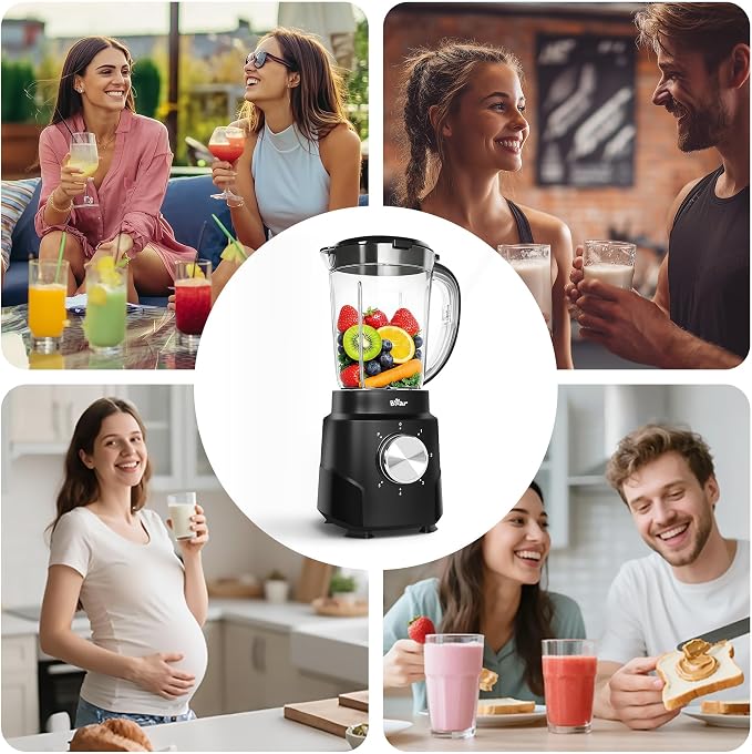 Bear 800W 6-Speed Blender, BPA-Free Smoothie Blender for Kitchen | 50oz(1.5L), Suction Feet, Feeding Hole, 10 blades, Countertop Blender for Smoothies, Crush Ice, Frozen Fruit, Juice and Puree