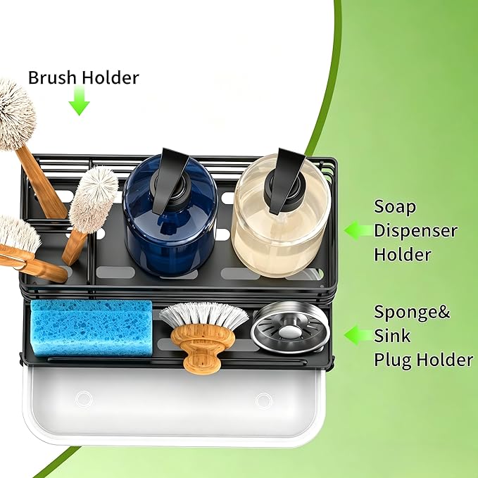 Cisily Sponge Holder for Kitchen, Sink Caddy Organizer, Kitchen Sink Accessories with Drip Tray, Rustproof and Non-slip Kitchen Sink Sponge Holder (Black)