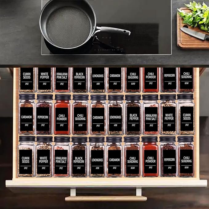 Churboro 66 Pack Glass Spice Jars with Labels, 4oz Spice Containers | Square Spice Bottles with Black Caps, Shaker Lids, 547 Labels, Funnel & Chalk Pen. Keep Seasoning Jars Neat and Organized