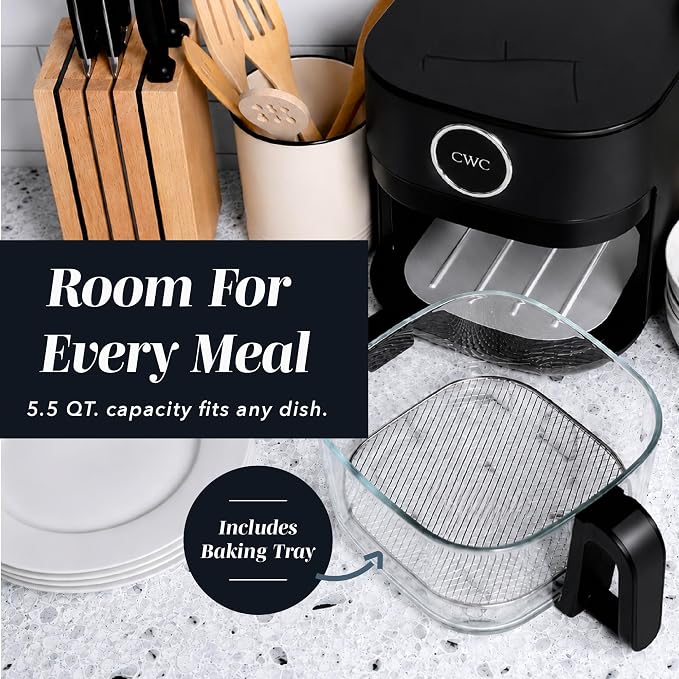 COOK WITH COLOR 1400W 5.5Qt Digital Kitchen Air Fryer with Glass Basket, 8 Presets Healthy Cooking Options, Bake, Fry, Reheat, 60-Min Timer, Adjustable Temperature Control 175°F–400°F, Black