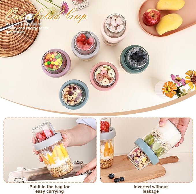 Wells 6 Pack Overnight Oats Containers with Lids, 16 OZ Dual Layer Yogurt Containers with Dry and Wet Separation, Airtight Leak Proof Oatmeal Jar for Chia Pudding, Breakfast, Cereal