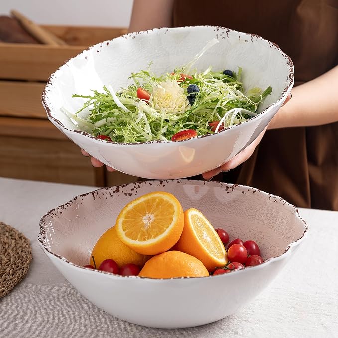 LEHAHA Rustic White Melamine Large Serving Bowl, 2 pieces Set,12 inches (130 OZ) Larger Salad Bowl, Lightweight and Unbreakable Mixing Bowl, BPA Free Melamine Bowls, Dishwasher Safe…