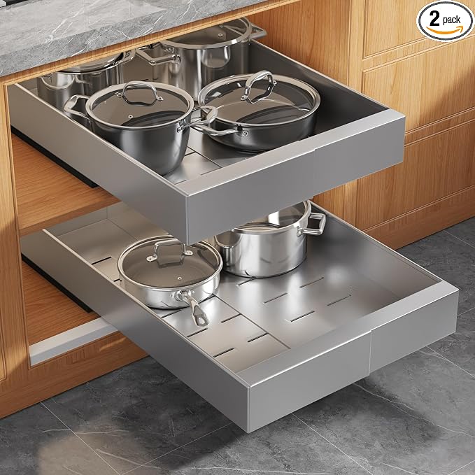 Seinloes 2 Pack Expandable Pull Out Cabinet Organizer 21" Deep with Raising Pad for Framed Cabinets,Upgrade 3 Slide Rails Slide Out Drawers,Roll Out Shelves Adhesive,Adjustable Width 9"-14.1" Silver