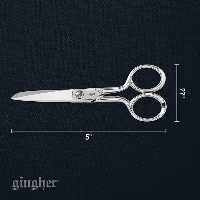 Gingher 5" Straight Fabric Scissors for Cutting Curves & Buttonholes | Premium Hand-Finished Forged Steel, Sharp Knife Edge Sewing Scissors for Cutting Cloth, Ambidextrous Design, Leather Sheath