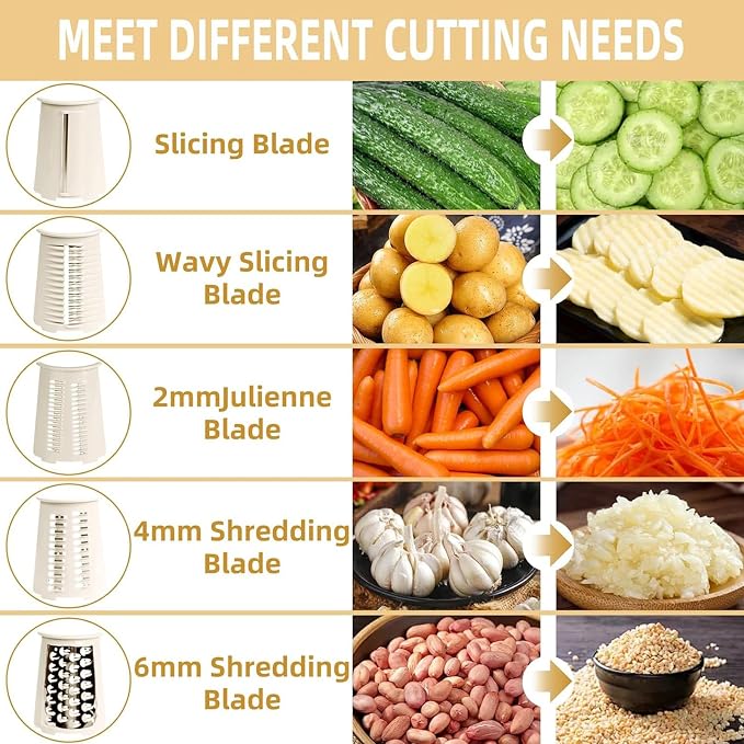 Rotary Cheese Grater with Handle, 5 Replaceable Blades (Beige) | Strong Suction Base, Round Food Slicer & Chopper for Kitchen Fruit Vegetables Nuts with Blade Storage Box
