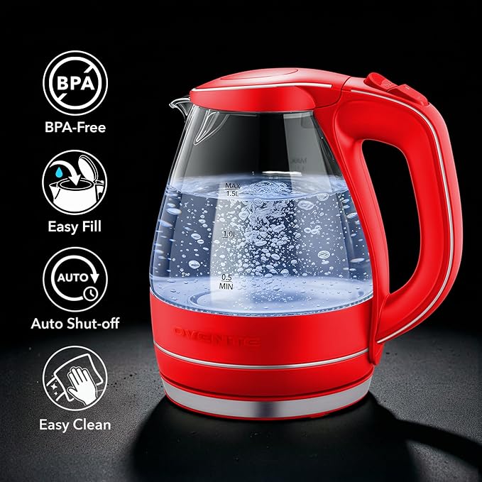 OVENTE 1.5L Glass Electric Kettle Water Boiler, Red KG83R