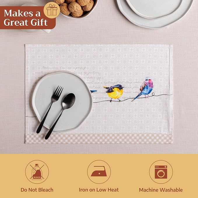 Maison d' Hermine Placemats Set of 4 Reusable 100% Cotton (13"x19") | Cloth Place Mats Washable Table Mats for Kitchen Dining Party Wedding Hotel Home Restaurant Spring Summer - Birdies on Wire