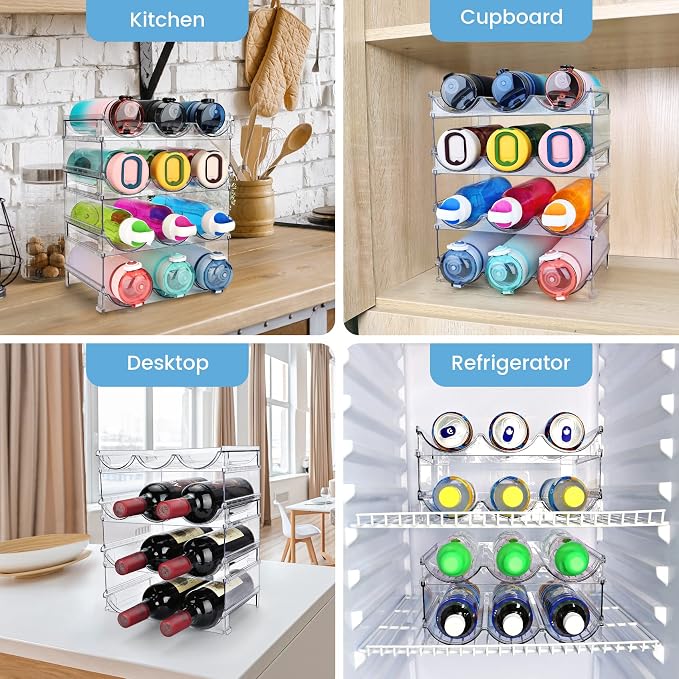 spospo Water Bottle Organizer for Cabinet 4 Pack Water Bottle Holder | Plastic Water Bottle Organization and Storage Shelf, Tumbler Organizer for Cabiner, Fridge, Kitchen, Desktop, Pantry