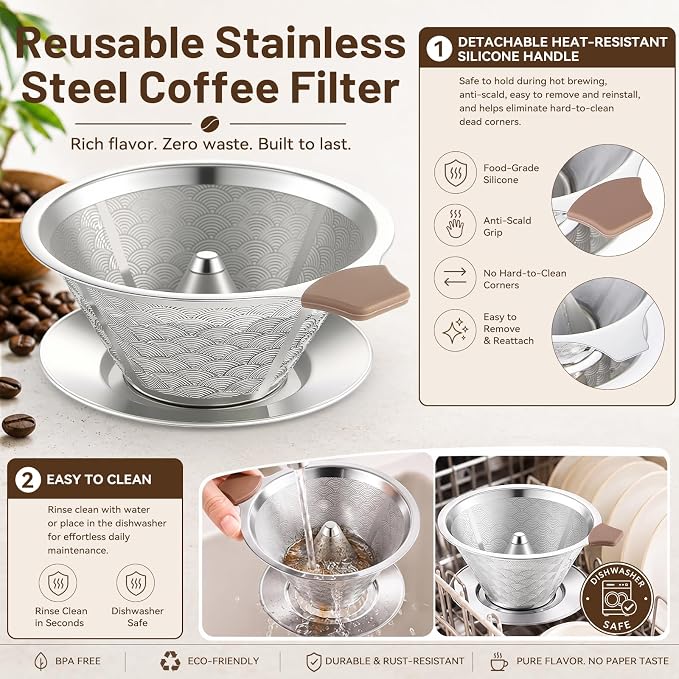 Pour Over Coffee Dripper, W60 Style Stainless Steel Coffee Filter, Paperless Reusable Coffee Filter, Metal 600 Mesh Strainer Coffee Maker Single Cup Brewer 1-2 Cup