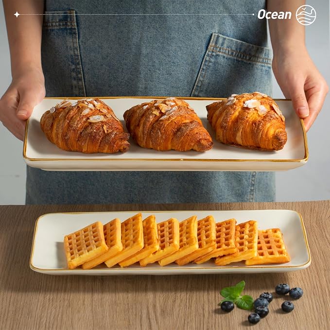 Famiware Serving Platters Set of 3 Sizes - Rectangular, Vanilla White | 15.67"/14.1"/12.6" Fine Stoneware Serving Trays for Party, Entertaining for Food, Turkey, Cheese, Microwave Dishwasher Safe