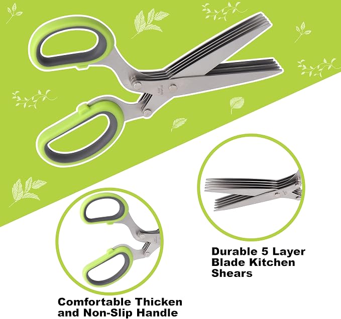 LUVCOSY Herb Scissors, Premium Stainless Steel 5 Blade Kitchen Salad Scissors Dishwasher Safe, Sharp and Convenient 5 Blade with Safety Cover, Herb Stripping Tool and Cleaning Comb
