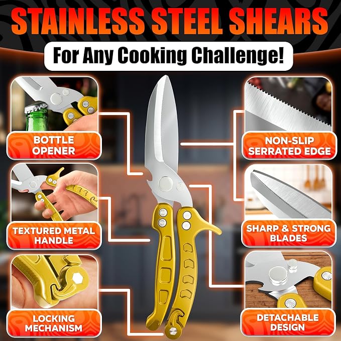 Kitchen Shears Heavy Duty, Safety Lock, Stainless Steel (Gold) | Poultry Shears for Chicken, Turkey, Spatchcock, Fish; Bone Cutting Scissors, Micro-Serrated, Spring-Loaded, Separate to Clean