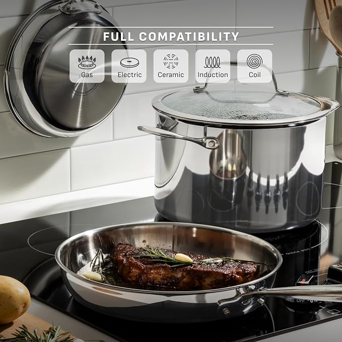 T-Fal Pro Tri-Ply Stainless Steel 10 in Frying Pan, Induction Skillet | Tri-ply construction, NSF professional grade, Built-in measuring marks, Sears steaks and fillets, Oven safe to 500 °F