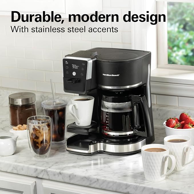 Hamilton Beach 2-Way Drip Coffee Maker & Single Serve Coffee Machine | Hot & Iced Coffee Maker| 12 Cup Glass Carafe| AquaFlow Showerhead | Auto Pause & Pour | Black |47500J