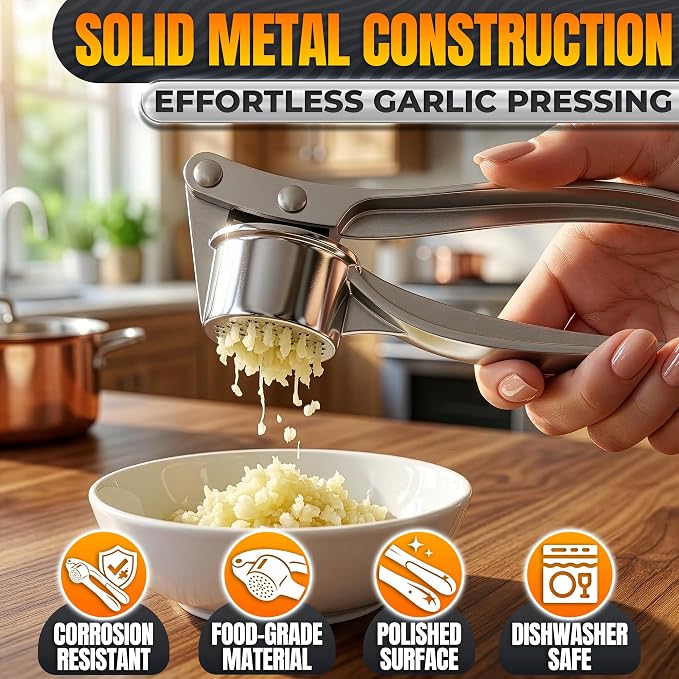 Metal Garlic Press - Ginger Mincer with 37 Built-In Studs for Maximum Extraction, Garlic Crusher for Ginger and Soft Nuts, Rust-Resistant, Ergonomic Handle, No Peel Needed, Hand Wash Only, Silver