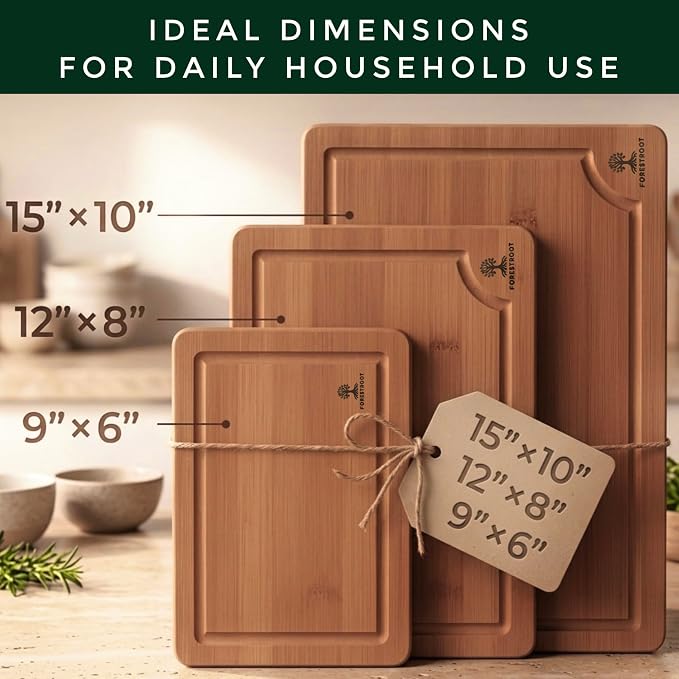 Bamboo Cutting Board for Kitchen, 3-Piece Carbonized Bamboo Chopping Board with Juice Groove, Side Handles, Bamboo Butcher Block Board for Meat, Vegetables & Fruits