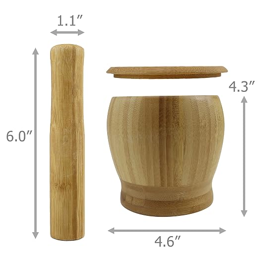 EIKS Bamboo Mortar & Pestle with Lid, Seasoning Crusher Bowl | For Grinding Garlic, Spices, Herb, Ginger, Peppercorns, Sesame, Kitchen Tool