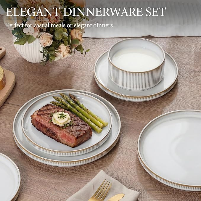 E-far Stoneware Dinnerware Sets for 2, 6-Piece Plates and Bowls Sets, Beige | Plate Set for 2, Chip & Scratch Resistant Ribbed Dish Set for Home Restaurant, Microwave & Dishwasher Safe, Creamy Beige