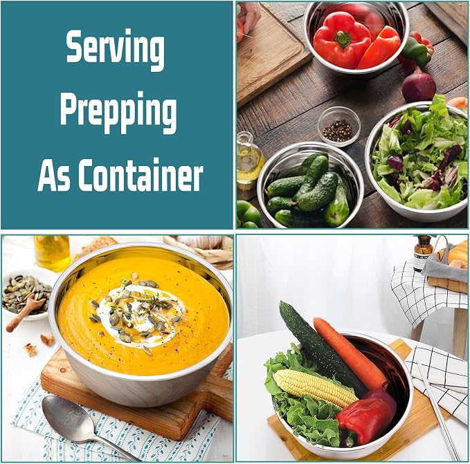 P&P CHEF Stainless Steel Mixing Bowls With Lids, Set of 6, Blue | Salad Nesting Mixing Bowls & Fitting Lids & Non-Slip Silicone Bottom, Ideal for Mixing, Storing, Size 0.7/1/1.5/2.5/3/4.6 Qt