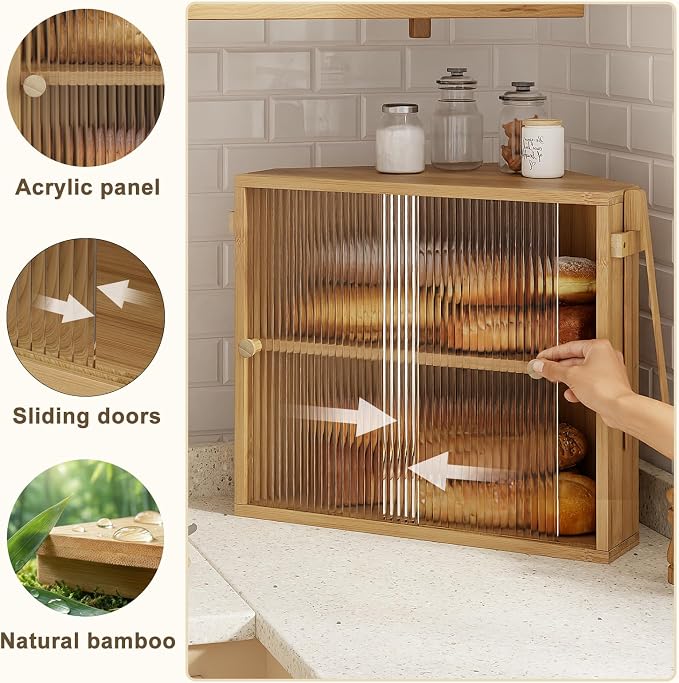 Corner Bread Box with Sliding Acrylic Doors, Double Layer Bread Bin | Bread Box for Kitchen Countertop, Bamboo Bread Storage Container, Large Capacity Vintage Farmhouse, Natural, Meduim