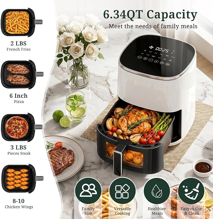 Air Fryer, 6QT Airfryer with Viewing Window, 12-in-1 Digital Air Fryer Oven, 400°F Fast Heating, Nonstick & Dishwasher Safe Square Basket, Air Fry, Roast, Bake, Reheat, Dehydrate for Family Meals