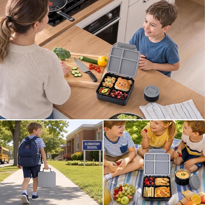 Bento Lunch Box Set for Kids with 8 oz Soup Thermo, Leakproof Hot Food Container with 4 Compartments, Insulated Food Jar for Toddler Daycare Boys Girls School - Black