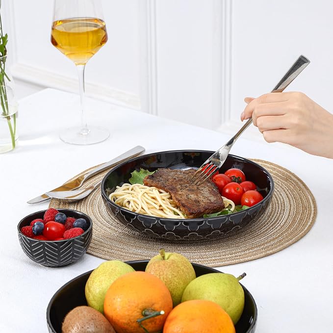 Sureasy Pasta Bowls Set of 4, 30oz Large Embossed Salad Bowls, 8.5 Inch Wide and Shallow Plate Bowls, Salad Bowl, Microwave, Oven & Dishwasher Safe, Black
