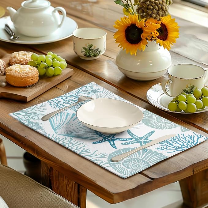 Nautical Coastal Blue Placemats Set of 4 Summer Teal Turquoise Beach Theme Linen Table Mats Ocean Coral Seashell Starfish Decorative Place Mats for Party Kitchen Dining Outdoor Indoor Decor