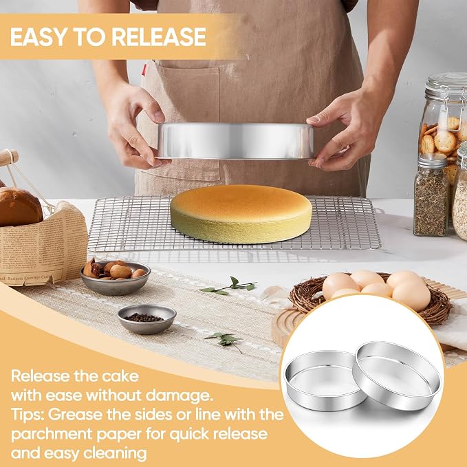 TeamFar 9 Inch Cake Pan Set of 2, Stainless Steel Round Cake Baking Pan | Layer Baking Tin for Birthday Wedding, Non-Toxic & Heavy-Duty, Mirror Finish & Leak Proof, Oven & Dishwasher Safe