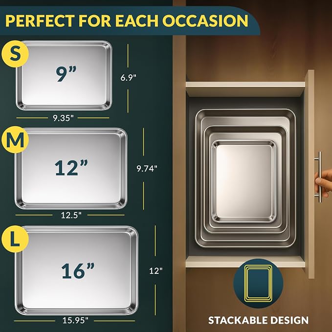 Stainless Steel Cookie Sheet Set of 3, 9/12/16" Baking Sheet Pans | Baking Set of 3, Mirror Finish, Non-Stick, Rust Resistant, BPA Free, Dishwasher Safe, 9/12/16"