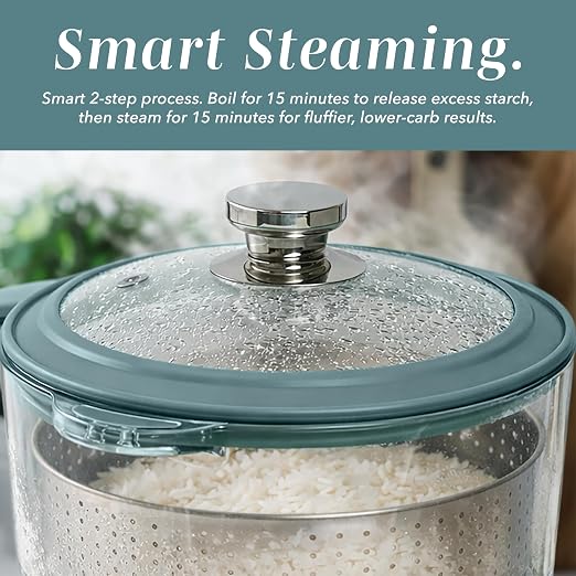COOK WITH COLOR Glass Mini Low Carb Rice Cooker – Holds 2 Cups Raw/Makes 6 Cups Cooked with Auto Lift Filter Basket, Hotpot & Steamer for Rice, Grains, Digital Panel with Keep Warm, Slate Blue