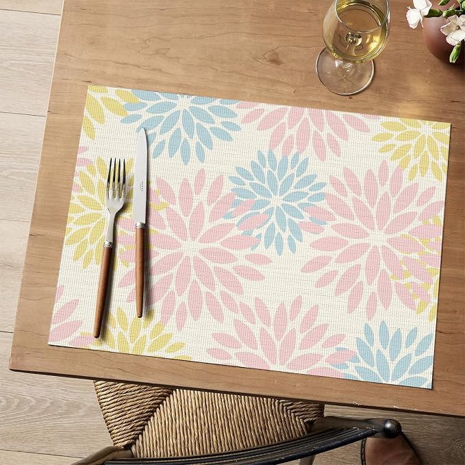Artoid Mode Floral Vinyl Plastic Placemats Set of 4, 12x18 Inch Washable Non-Slip PVC Place Mats for Party Kitchen Dining Decor, Pink
